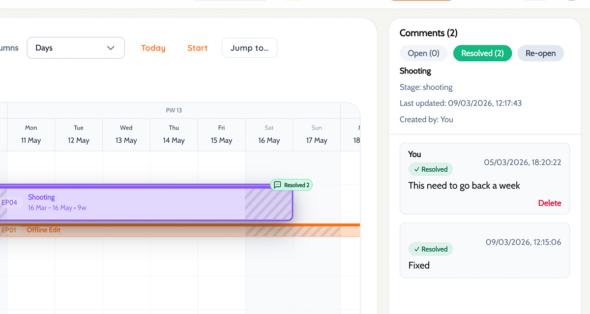 Planner inline comment thread attached to a schedule block