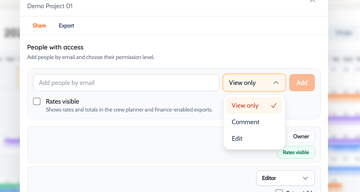 Planner permissions picker with viewer, commenter, and editor options