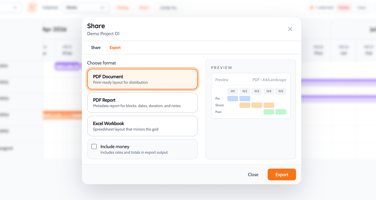 Planner export modal used as a one-off collaboration handoff